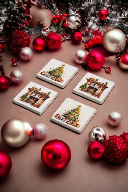 Christmas Fireplace and Tree, Christmas Gift Natural Stone Travertine Coasters Set of 4