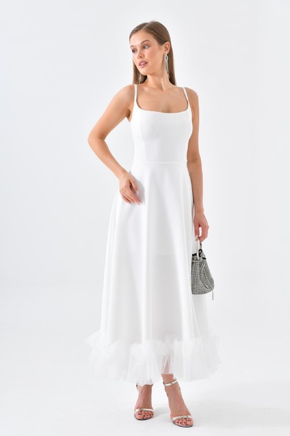 Thin Strap Flared Cut Cotton Atlas Fabric Skirt with Tulle Detail Midi Length White Evening Dress 9326