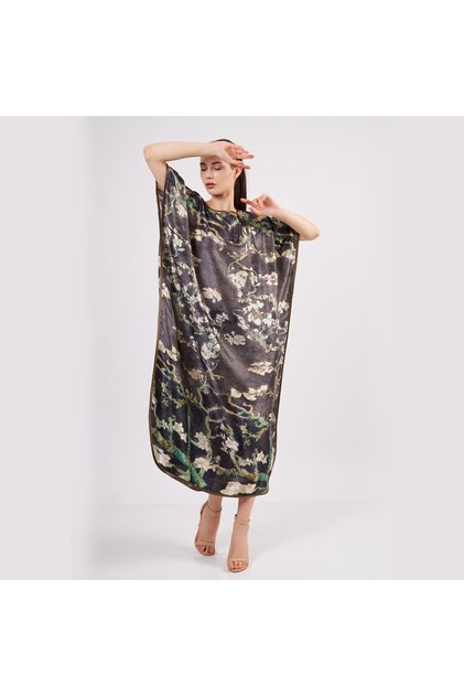 100% Silk Long Dress| Anthracite Van Gogh Almond Flower| Nomads Felt