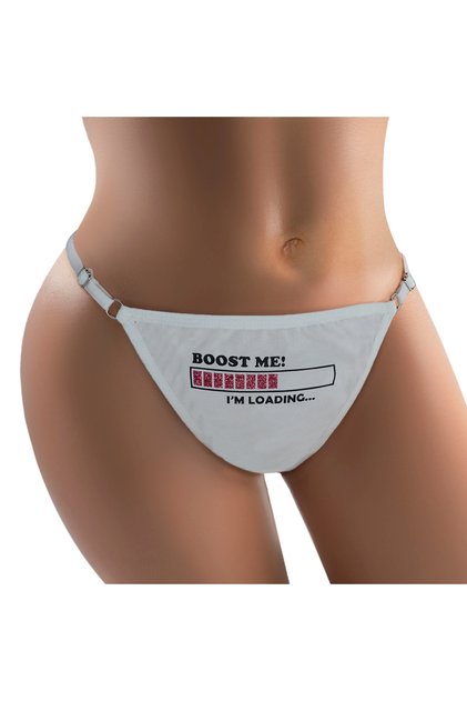 Надпис: "Boost Me I'm Loading ", Памучен, с принт, регулируем, прашка тип G-string, дамско бельо