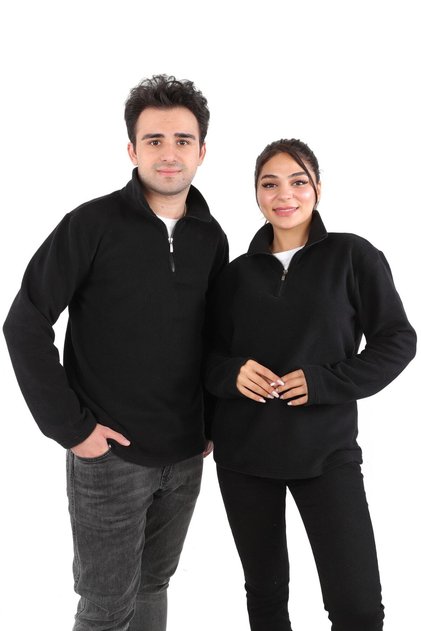 Black Color Long Sleeve Collar Zippered Fleece Unisex