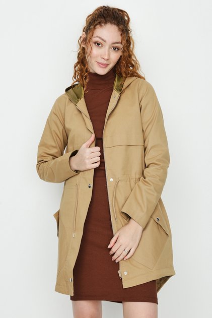 Women's Camel Hooded Zippered Pocket Parka