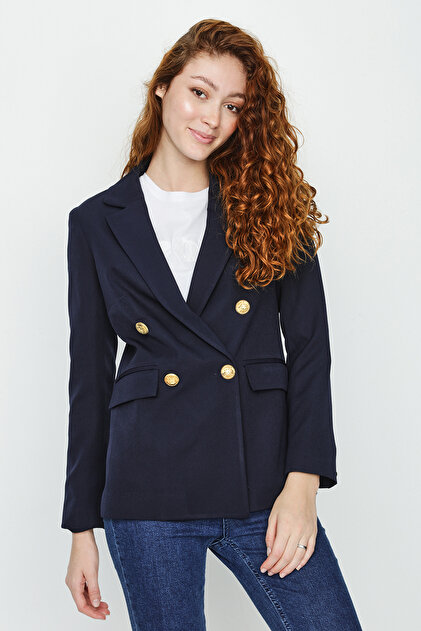 Select Moda Women's Navy Blue Gold Buttoned Blazer Jacket- Trendyol
