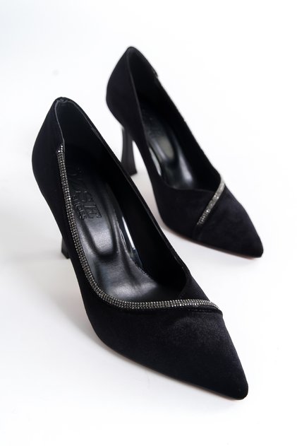 BLACK VELVET STONE DETAIL HIGH HEEL STILETTO