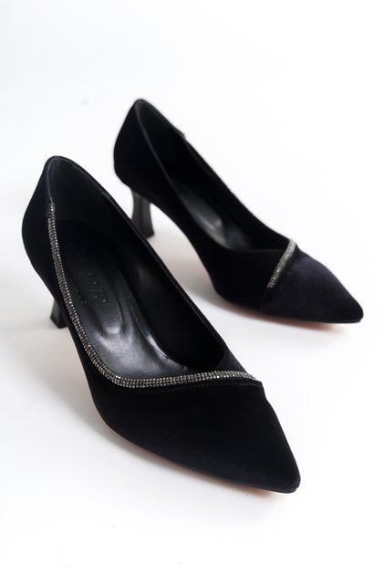 BLACK VELVET STONE DETAIL LOW HEEL STILETTO