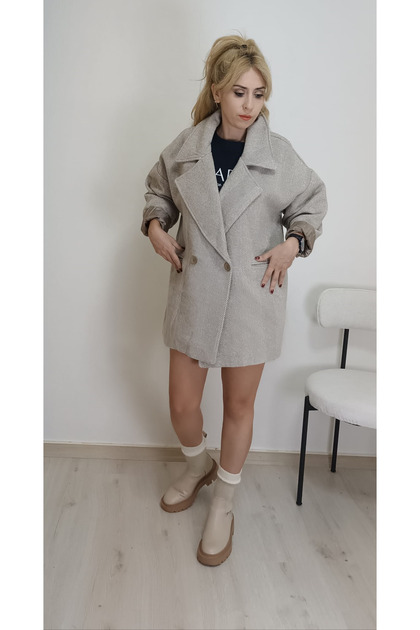 Sütlü Kahve Balıksırtı Desen Oversize Kaşe Astarlı Kaban