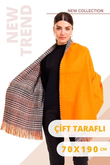 Double-Sided Orange Color Plaid Wool Shoulder Shawl 70X190Cm Connectable Winter Women's Scarf Shawl