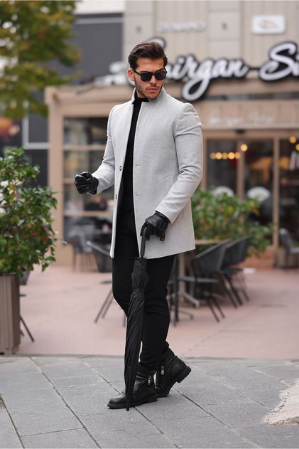 Men's Light Gray Slim Fit Stand Collar Stamp Coat