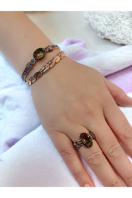 Pure Copper Natural Stone Antiallergic Sultanite Triple Combination Bracelet & Ring Set