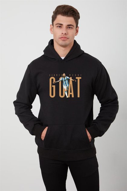 Men's Oversize Black Hooded Lionel Messi GOAT Design Printed Sweatshirt Long Sleeve