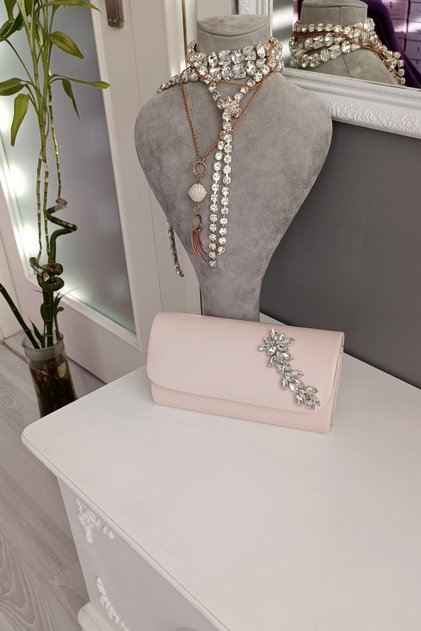 Beige Leather Oval Cut Evening Dress Women's Bag with Star Stone Accessories
