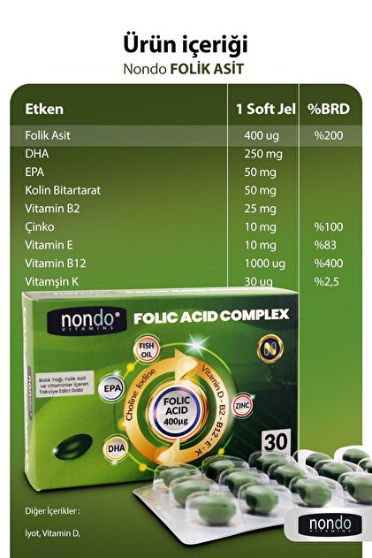 Nondo Folic Acid Complex 30 Yumuşak Jelatin Kapsül (FOLİK ASİT 400 MC, EPA, DEHA, KOLİN, VİTAMİN B2,E10,D) - 3