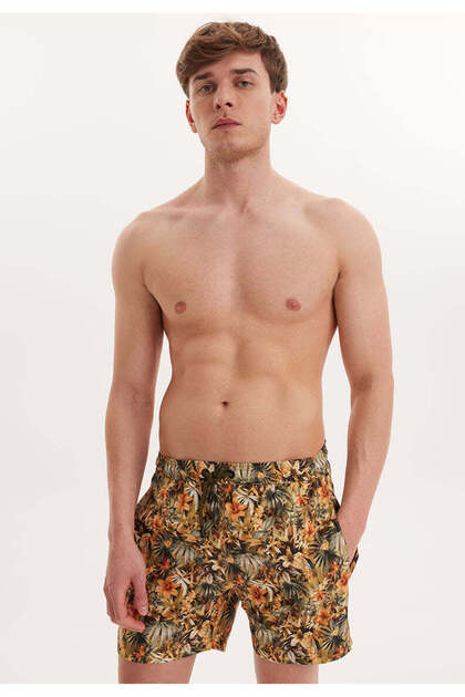Yellow Printed Regular Fit Men's Swim Shorts Wmpattern Leaf