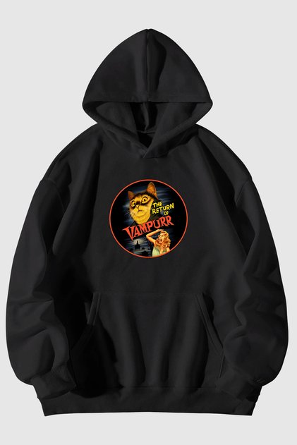 Vampire Cat Printed Unisex Black Kangaroo Pocket Hooded Sweatshirt Hoodie