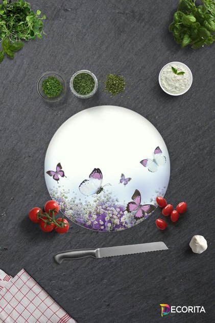 Purple Flowers and Butterflies | Glass Cutting Board - Glass Cutting Board | Diameter 32cm