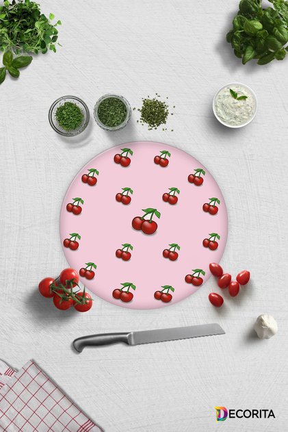 Pink Textured Cherry Pattern |   Glass Cutting Board - Glass Cutting Board |   Diameter 32cm