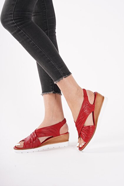 RİKEL DERİ Kadın Kırmızı Hakiki Deri Dolgu Topuklu Sandalet Kp-2104 - 3