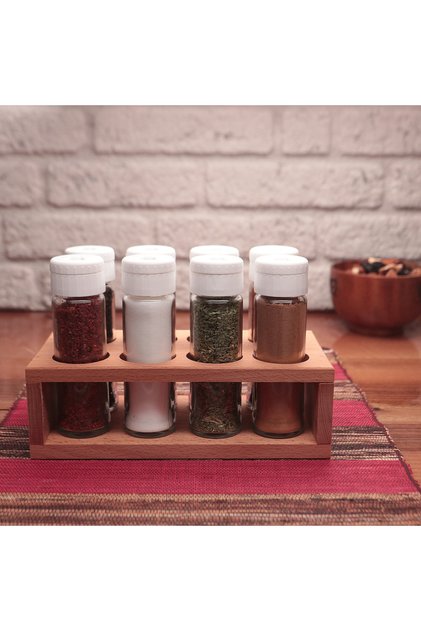 Lima 8-Piece Spice Set with Wooden Stand Salt and Pepper Shakers Set Spice Rack White Lid