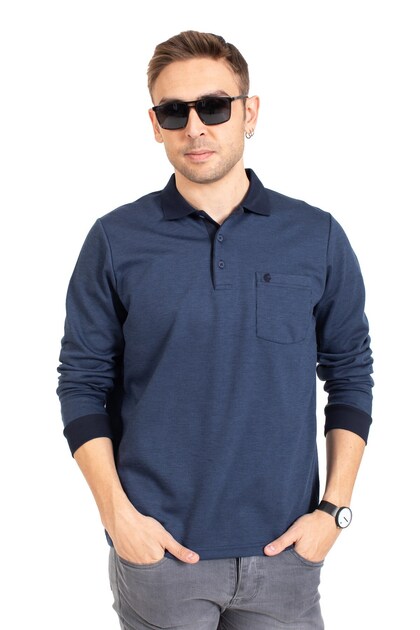 Men's Middle Age and Above Polo Collar Pocket Long Sleeve Ribbed Seasonal Sweatshirt 1219-indigo