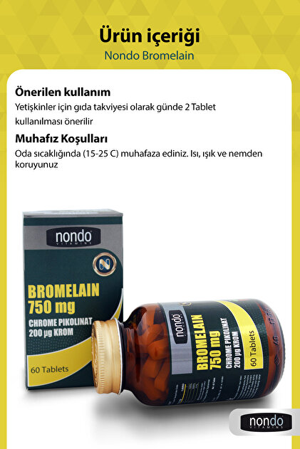 Nondo Bromelain 750mg Krom Pikolinat 60 Tablet Bromelian Ananas Özü Krom C Vitamini B12 Vitamini - 4