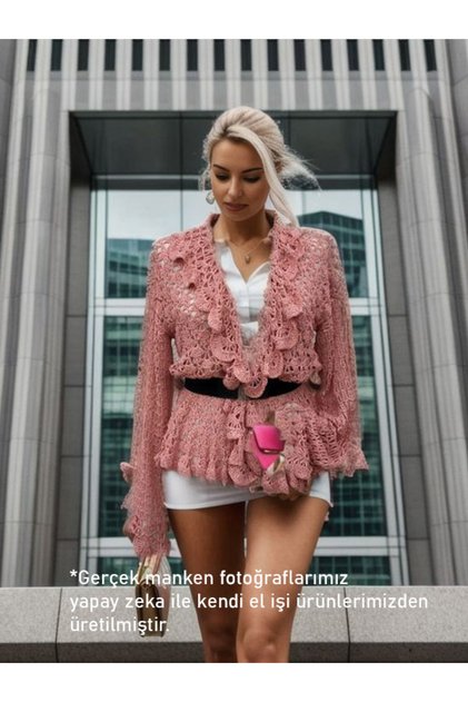 Yavruağzı Pembe Fırfır Detaylı Ajurlu Smart Casual Sexy Hırka