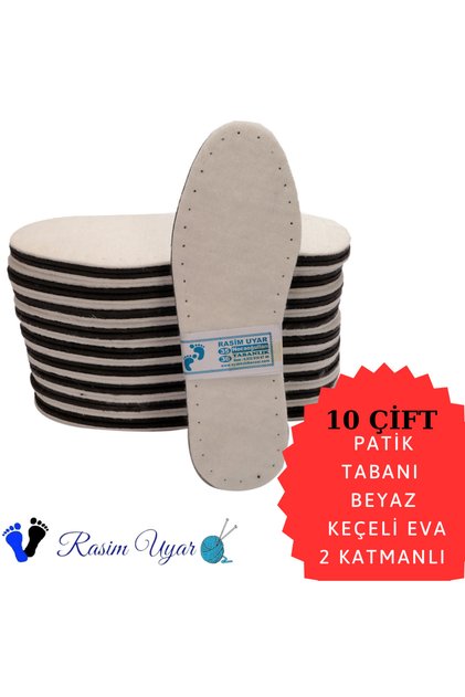 10 Çift Beyaz Keçe Kaplı Eva Patik Tabanı iki Katmanlı - KEÇE EVA