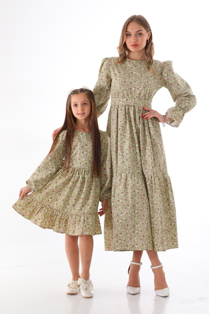 Floral Patterned Pistachio Green Hijab Mother and Daughter Combination (Single Price)