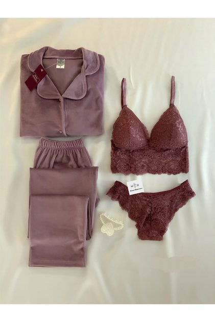 4'lü Efghety Kadife Pijama İç Giyim Takımı
