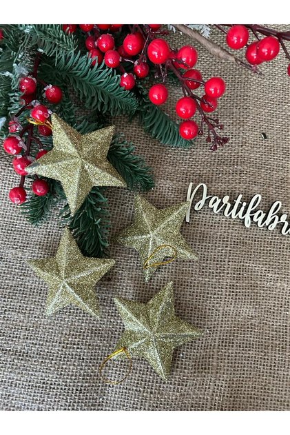 New Year's Pine Tree Silvery Gold Star Ornament Set 7 Cm 4 Pieces