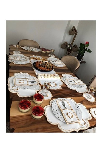 Başak Krem Gold Amerikan Servis 6 Kişilik 19 Parça Runner Seti Deri Yemek Sunum Takımı Nakışlı