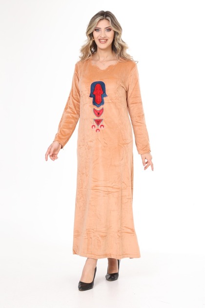 Women's Salmon Pink Embroidered Long Velvet Dress