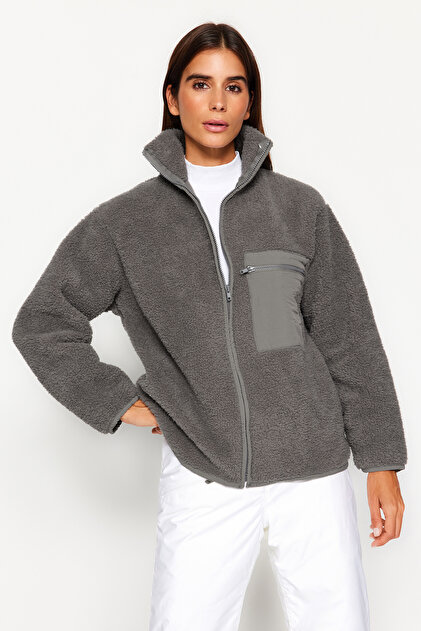 WinterShop❄️  Trendyolmilla Winter Essentials Antrasit Kalın Polar Fermuarlı Dik