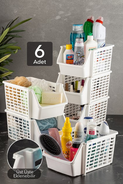 6 Adet Üst Üste Eklenebilir Çok Amaçlı Banyo Mutfak Rafı - Kiler Dolap İçi Düzenleyici Organizer