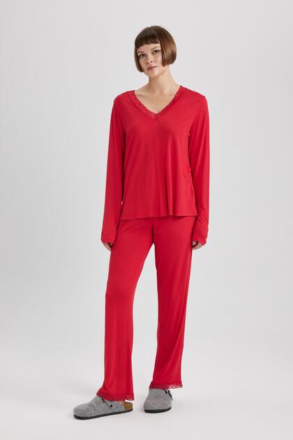 Fall in Love V-Neck Lace Long Sleeve Pajamas Set W4126Az23Wn