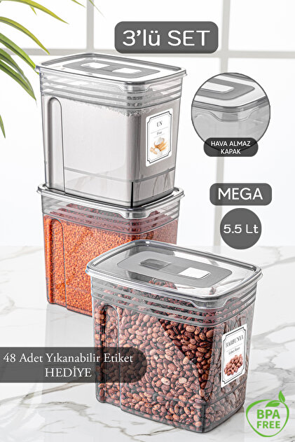 Meleni Home 3 Adet 5,5 Litre Mega Boy Lena Erzak Kabı - Kapaklı Un