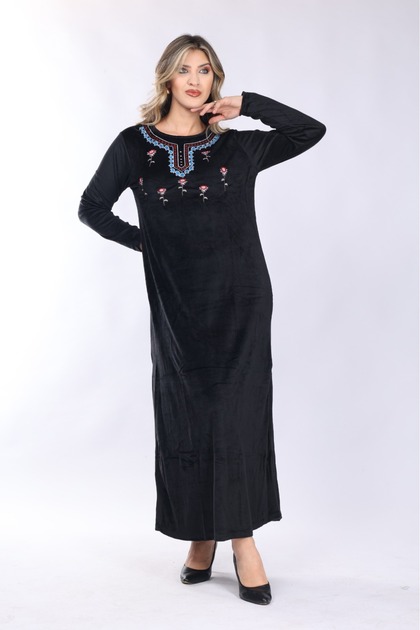 Women's Black Collar Embroidery Detailed Velvet Dress