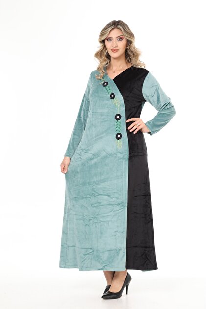 mervemoda Women's Mint Collar Embroidery Detailed Velvet Dress- Trendyol