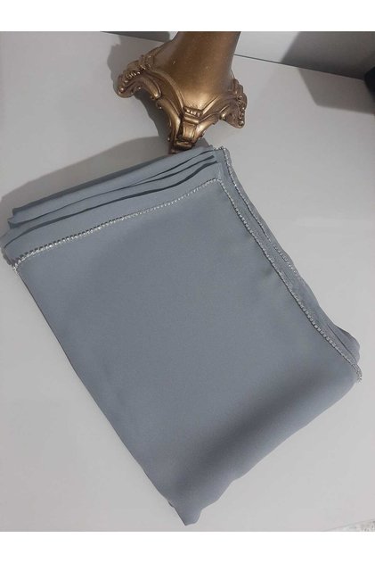 Gray Crepe Chiffon Fabric with Hand Embroidery and Ribbon Stone Luxury Shawl