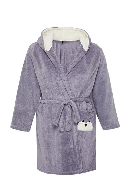 Trendyol Curve Gray Wellsoft/Plush Animal Figured Pocket Hooded Knitted Dressing  Gown Tbbaw24Sb00013- Trendyol