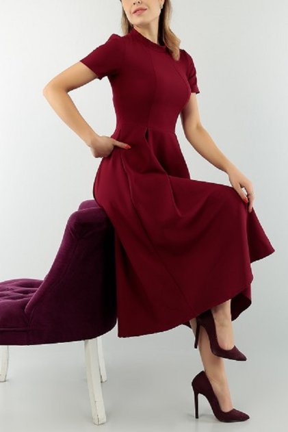 FLEXIBLE CREPE FABRIC PURPLE COLOR HALF TURTLETON NECK SHORT SLEEVE HIDDEN POCKET EVENING DRESS GL-624 582110
