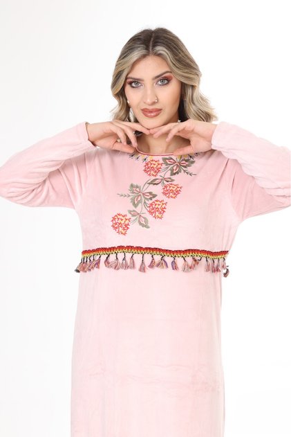 Women's Pink Collar Embroidery Detail Long Velvet Dress