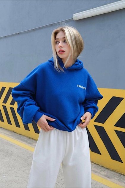 Blue Color Thick Printed Hooded Sweatshirt