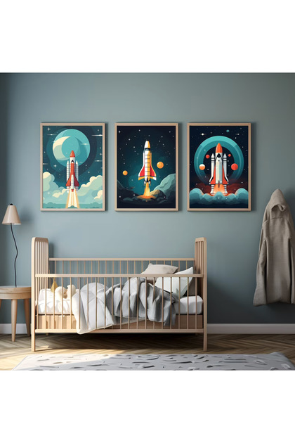 Uzay İllüstrasyonlu Temalı Çocuk Odası 3'lü Tablo Set
