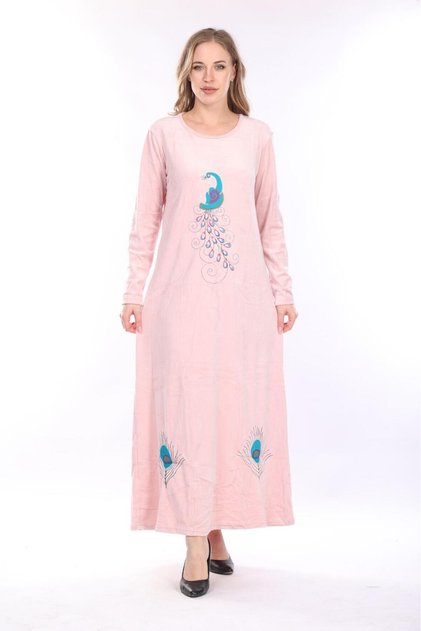Women's Pink Velvet Long Dress with Embroidered Detail on the Front
