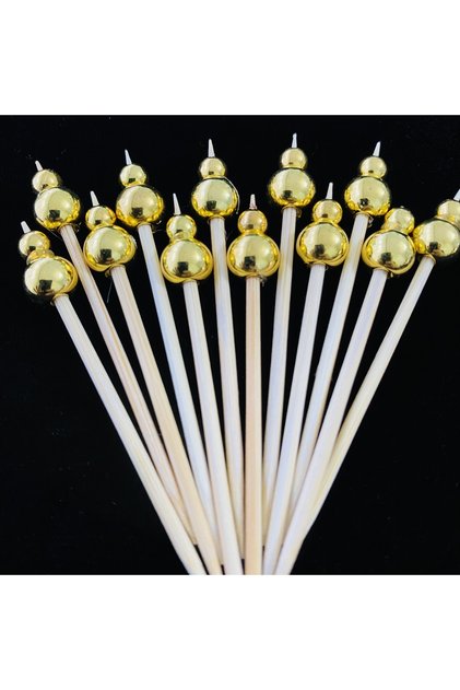 No:9 - 50 Pieces Decorative Gold Color Double Beaded Stylish Cocktail Toothpicks