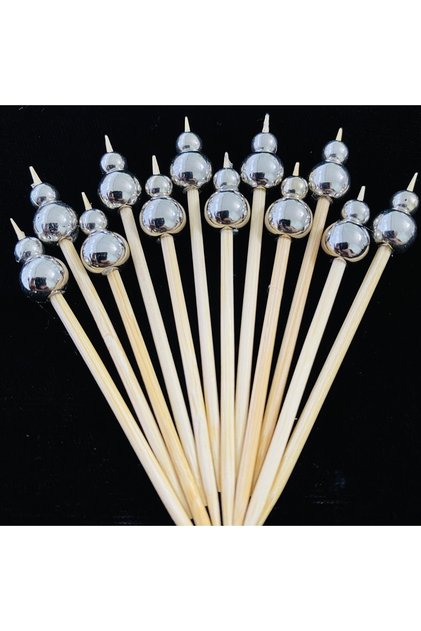 No:10 - 50 Pieces Decorative Silver Color Double Beaded Stylish Cocktail Toothpicks