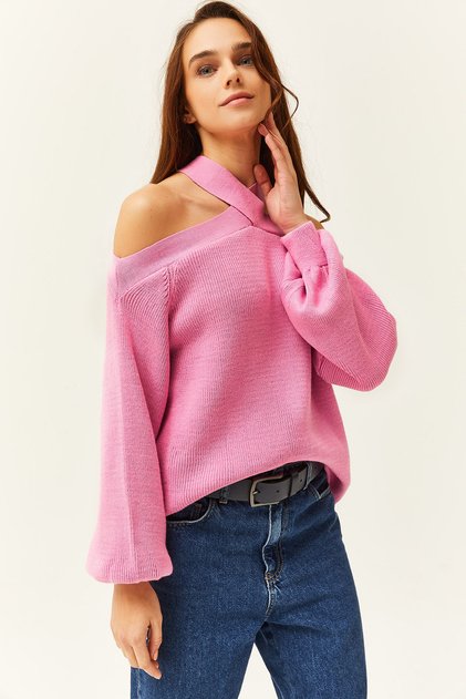 Women's Candy Pink Cross Collar Knitwear Sweater KZK-19000192
