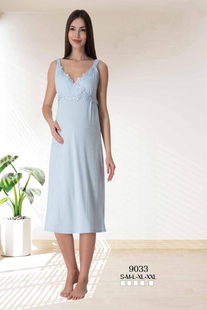Women's Blue Lace Strap Cotton Maternity Maternity Nightgown