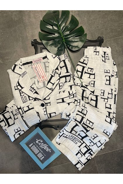 White Muslin Letters Shirt Trousers Pajama Set