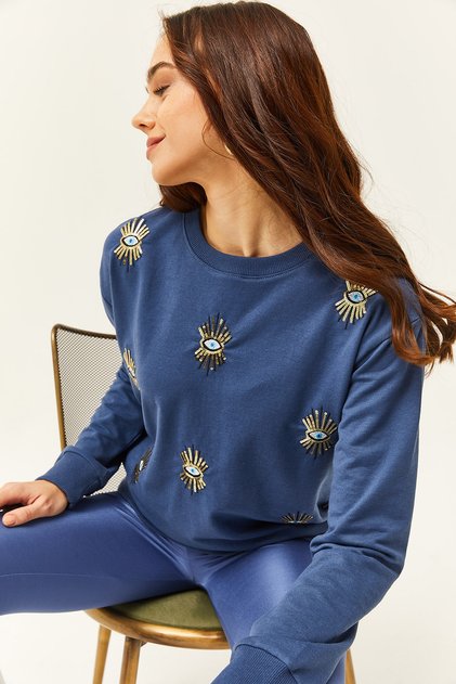 Saisonales Sweatshirt mit Indigo-Auge-Stickerei für Damen SWT-19000598